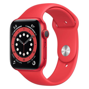 часы apple watch series 6 44mm корпус из алюминия красного цвета (product)red, cпортивный ремешок красный (product)red (m00m3)