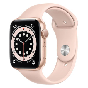 часы apple watch series 6 44mm корпус из алюминия золотого цвета, cпортивный ремешок «розовый песок» (m00e3)