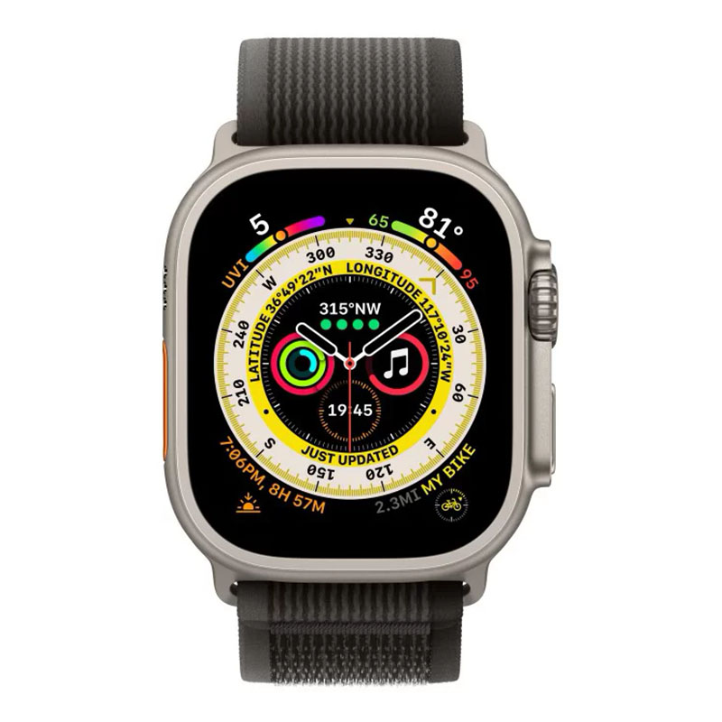 умные часы apple watch ultra 49 мм titanium case cellular, титановый/черно-серый trail loop,  (m/l, 145–220 мм)