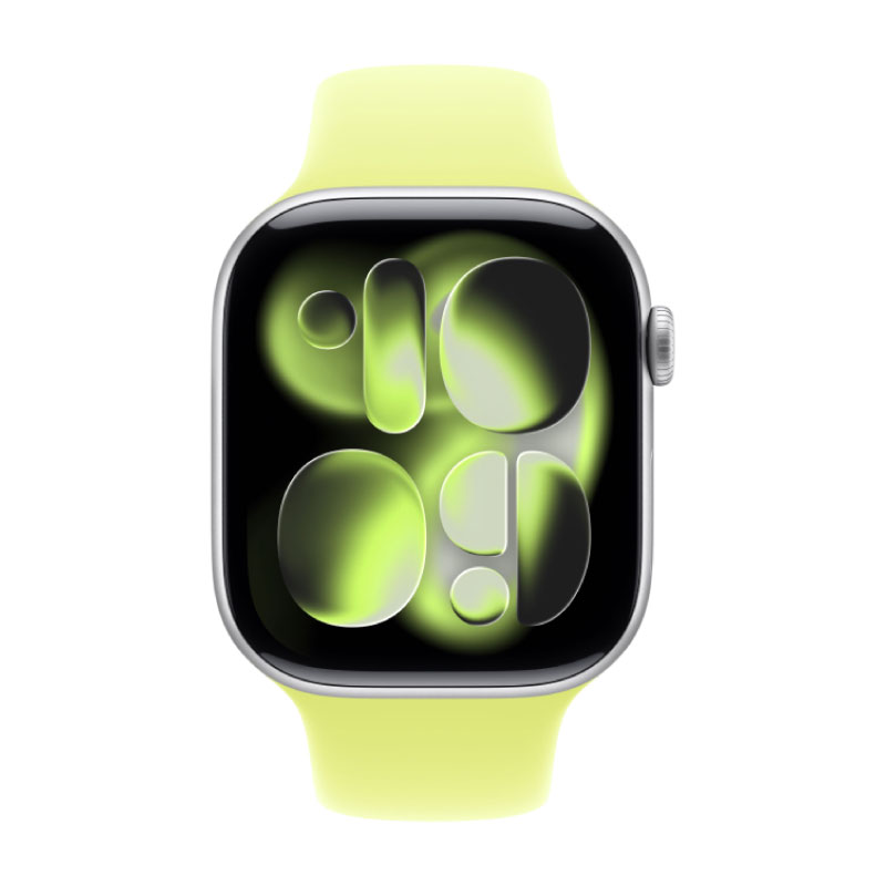 умные часы apple watch series 11 (2025) gps 46 мм, silver aluminium case, sport band, neon yellow m/l